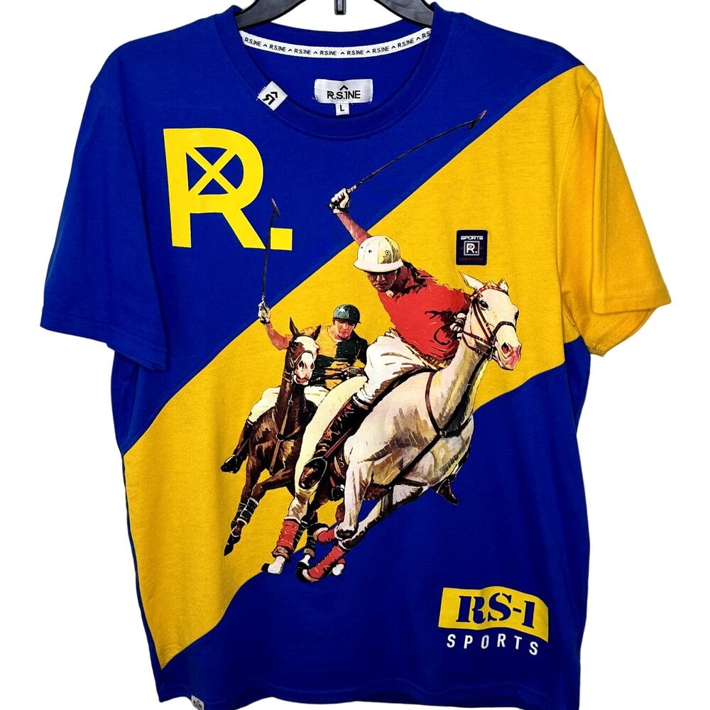 R.S.1NE Mens Blue & Yellow Short Sleeve RS-1 Sports T-Shirt Size Large
